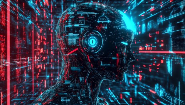 Tech humanoid artificial intelligence neon background - Powered by Adobe