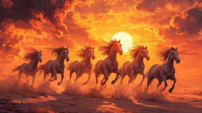 A stunning moment frozen in time as seven horses gallop together on a dusty plain, their flowing manes and the setting sun creating a perfect image of wild beauty