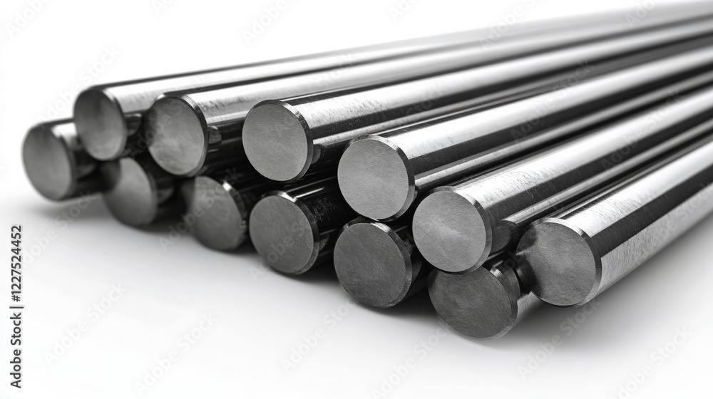 Poster realistic 3d rendering of steel round bars arranged neatly on a bright white background for use in i