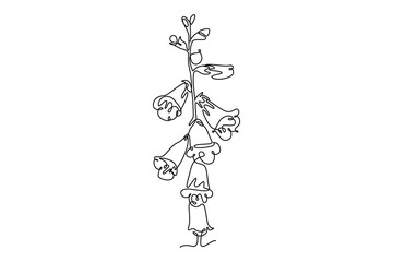 Continuous one line drawing beauty fresh foxglove for garden logo. Decorative digitalis purpurea flower concept for home wall decoration poster art. Single line draw design vector graphic illustration