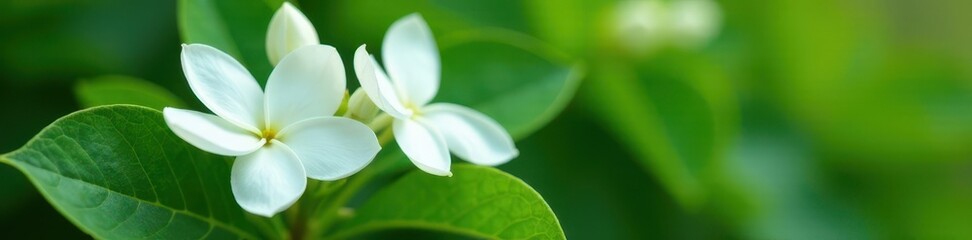 Obraz premium Delicate white jasmine blossoms, lush green leaves , blossom, green leaves