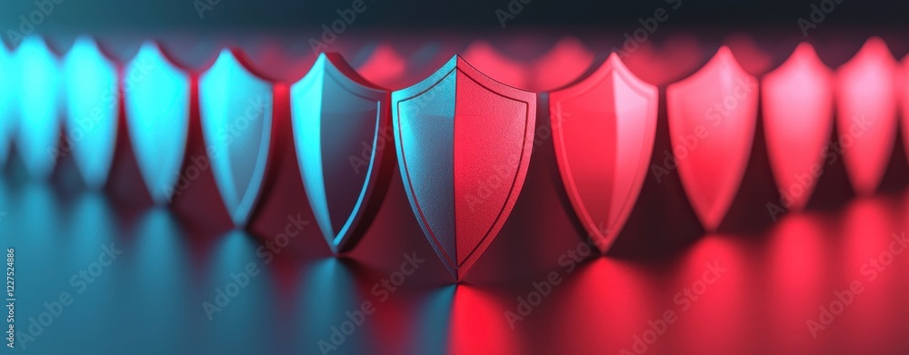 Poster a row of stylized shields illuminated in blue and red light, creating a striking visual contrast aga