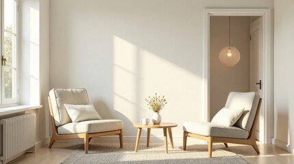 Serene Living Room with Natural Light and Minimalist Decor Featuring Two Comfortable Armchairs and a Small Round Coffee Table Centered on a Neutral Rug