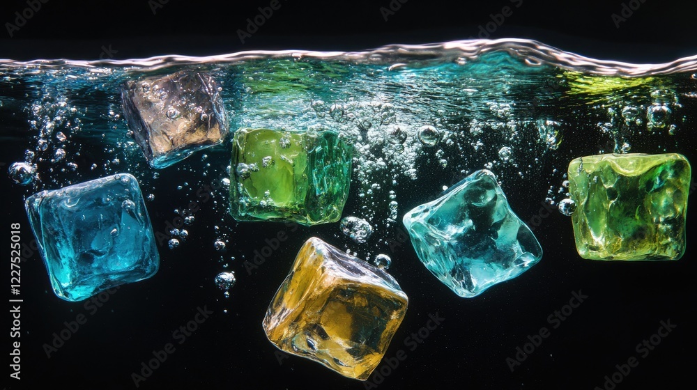 Poster dynamic view of colorful ice cubes with air bubbles underwater, illuminated by soft light and vivid 