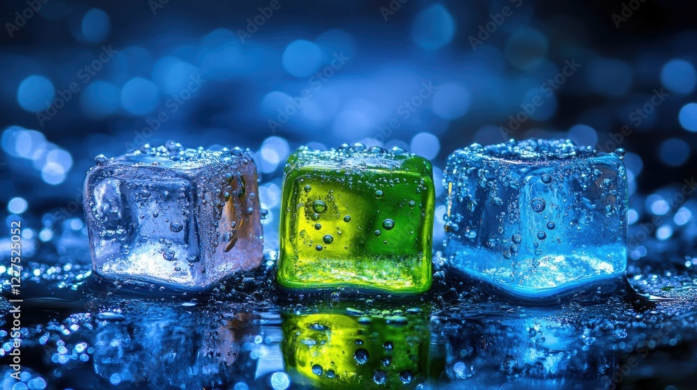 Poster dynamic view of colorful ice cubes with air bubbles underwater, illuminated by soft light and vivid 
