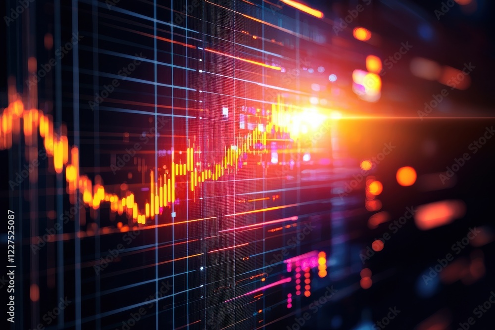 Poster a vibrant digital graph displaying fluctuating data trends with bright colors, symbolizing growth an