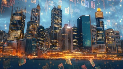 Dynamic bar chart representing growth, with Australian currency and landmarks in the background, no people