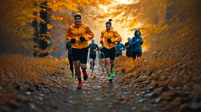 Autumn Trail Run:  A group of runners strides through a vibrant autumnal forest, their determination etched on their faces as they navigate the fallen leaves and crisp air.