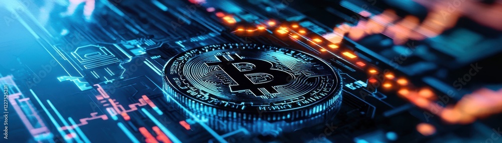 Poster a digital illustration featuring a bitcoin against a backdrop of circuit patterns and graphs, symbol