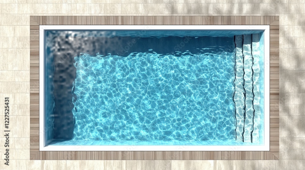 Poster aerial view of a swimming pool surrounded by light-colored tiles and clear blue water with patterns 