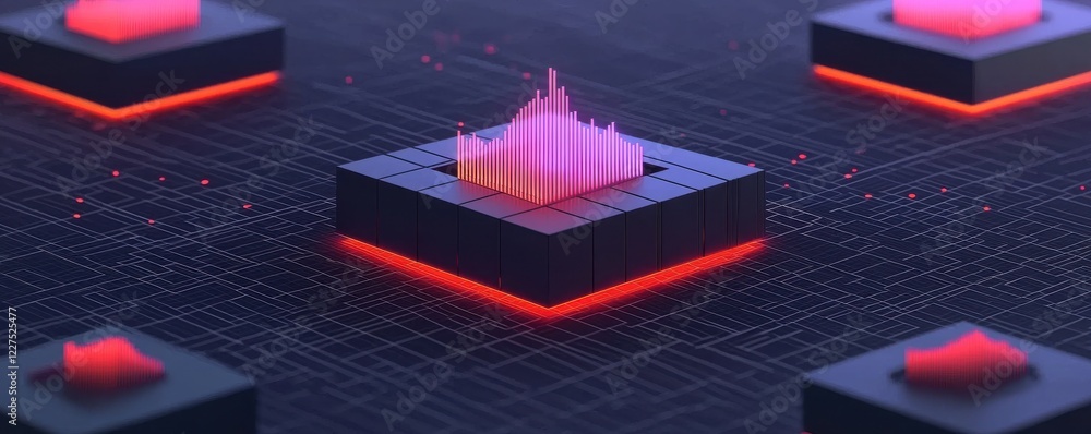 Poster an abstract digital visualization featuring sound wave graphics on dynamic platforms with a futurist