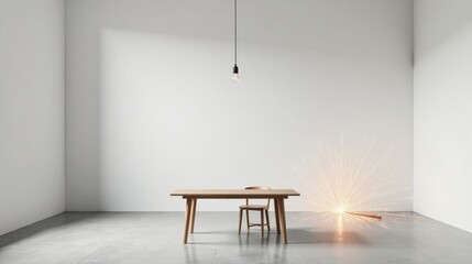 Minimalist Room Interior Design Featuring a Simple Wooden Table and Chair with Sparks on the Floor
