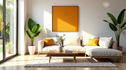 Modern Sectional Sofa in Sunlit Room with Minimalist Decor and Natural Elements