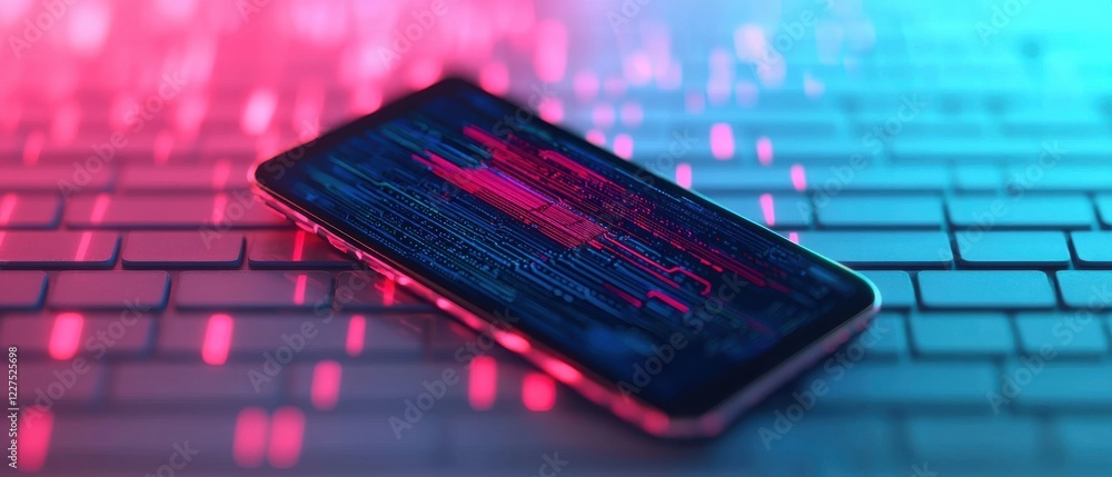 Aufkleber a sleek smartphone displaying digital data on a stylized keyboard with vibrant red and blue lighting