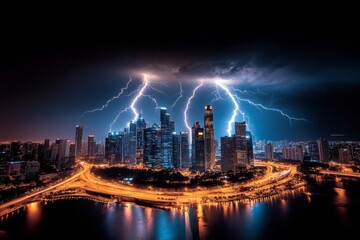 Obraz premium A powerful thunderstorm over a city, with lightning bolts striking dramatically near skyscrapers