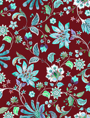 Blooming midsummer meadow seamless pattern. Plant background for fashion, wallpapers, print. A lot of different flowers on the field. Liberty style millefleurs. Trendy floral design