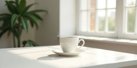 Obraz premium A single cup of coffee sits on a saucer, bathed in sunlight streaming through a nearby window, peaceful morning ambiance