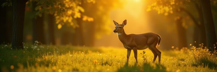 Naklejka premium Golden sunlight filters through leaves onto grazing roe deer , woodland, flora