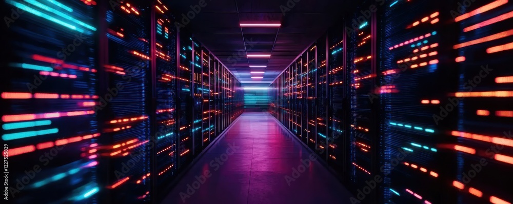 Poster a vibrant data center corridor illuminated by colorful lights, showcasing rows of servers in a high-