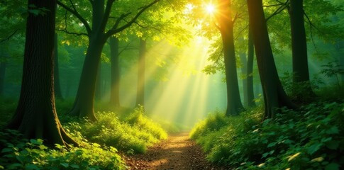 Obraz premium Golden sunlight streams through emerald canopy, illuminating dappled forest floor, forest, vista