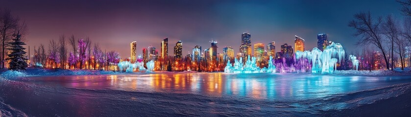 Obraz premium Colorful illuminated city skyline reflecting on icy water during twilight.