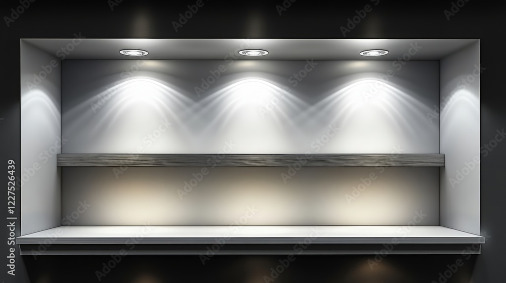 Poster empty white shop window display with soft lighting and simple shelf for showcasing products in a mod