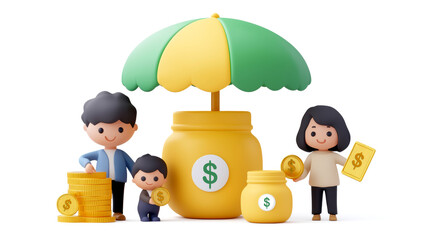 A colorful illustration of a family managing finances under an umbrella, featuring jars of money and coins, symbolizing savings and financial security.