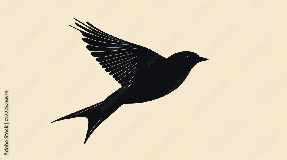 Poster black bird in flight against a soft background showcasing elegant wing movement and graceful silhoue