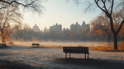 Obraz premium A serene park scene at dawn with benches, trees, and a misty lake, showcasing autumn colors against a backdrop of city buildings.