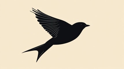 Fototapeta premium Black bird in flight against a soft background showcasing elegant wing movement and graceful silhouette. Generative AI