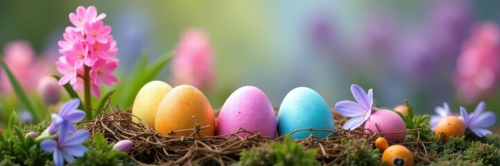 Pastel colored eggs nestled amongst hyacinths , holiday, bloom