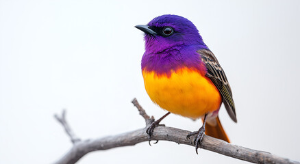 Obraz premium purple and orange bird sitting on a branch, against a white background