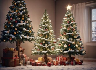 Snow-covered Christmas tree with ornaments and lights, christmas tree, evergreen