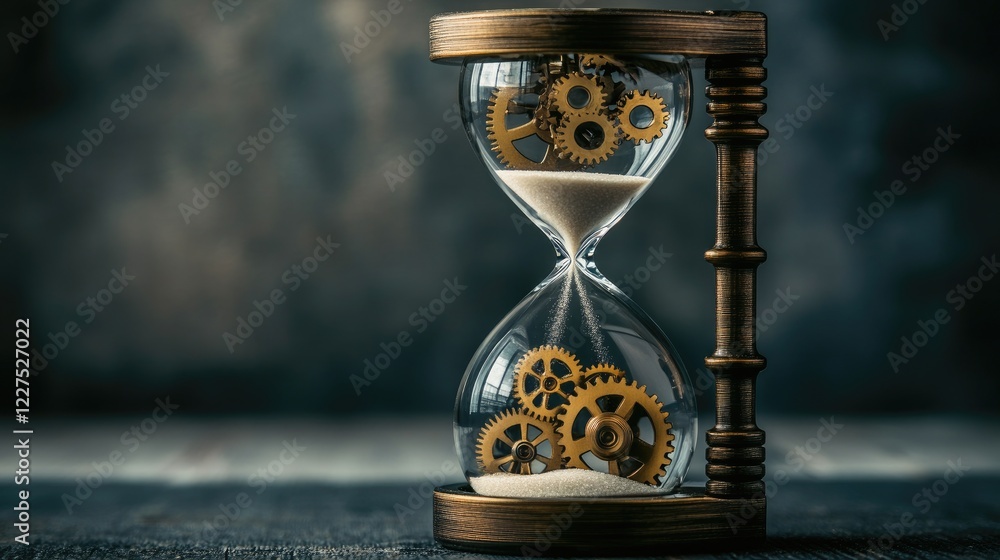 Poster A symbolic hourglass with sand turning into gears, representing the connection between time and innovation, highlighting how time drives technological progress and creativity