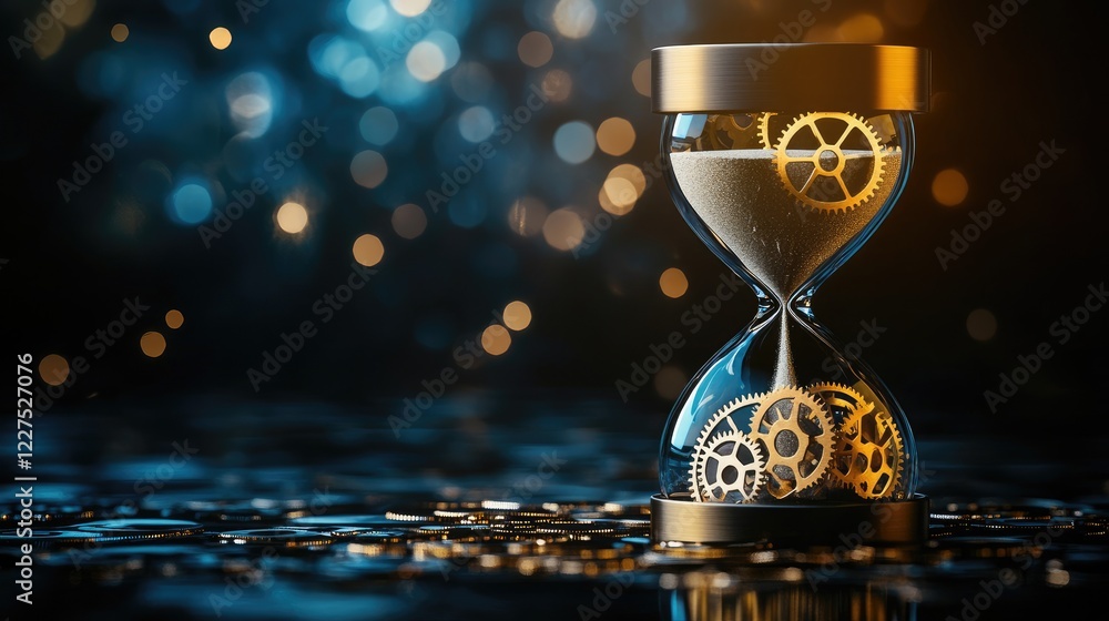 Poster a symbolic hourglass with sand turning into gears, representing the connection between time and inno