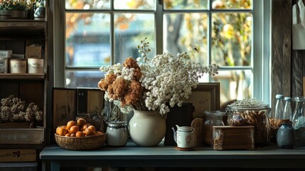 Rustic Farmhouse Style Still Life with Dried Flowers and Fruits