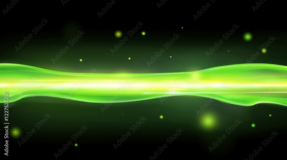 Poster green linear light effect on black background with glowing particles and smooth wave pattern