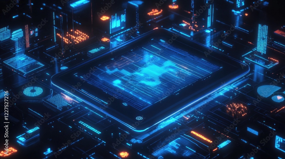 Poster A tablet surrounded by floating holographic graphs and charts, embodying the future of data analysis and the transformation of digital business insights