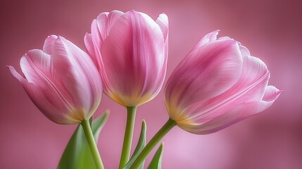 Fototapeta premium Three pink tulips on pink background.