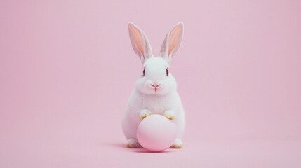 Obraz premium A white rabbit is standing in front of a pink background holding a pink egg