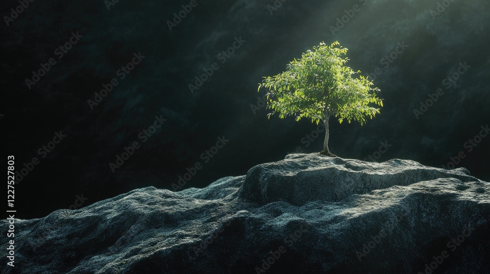Aufkleber a tiny tree clings to uneven rocks, bathed in light, with a dark and mysterious backdrop creating a 