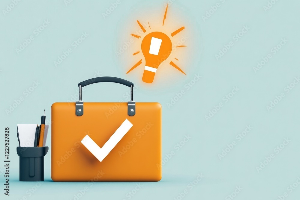 Poster a simple flat design of a briefcase with a glowing checkmark over it, symbolizing successful employm