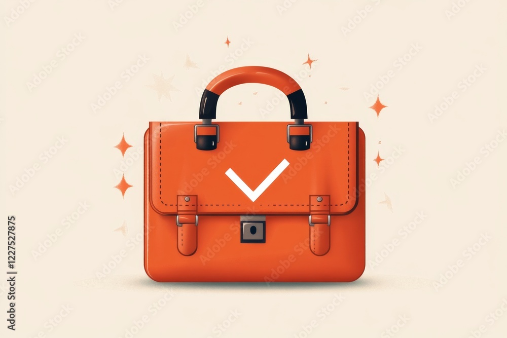 Poster a simple flat design of a briefcase with a glowing checkmark over it, symbolizing successful employm