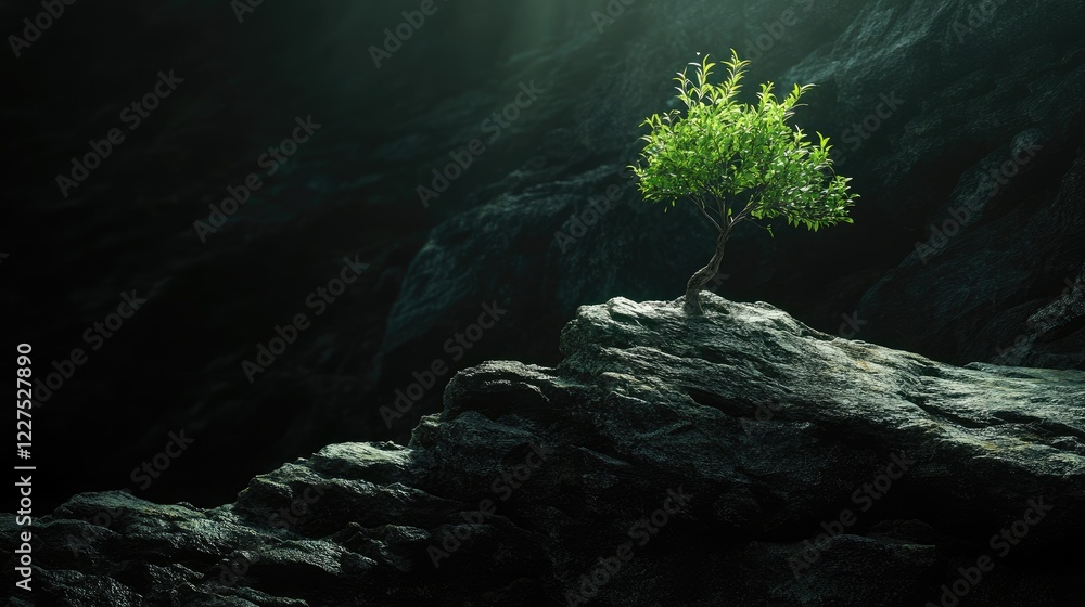 Aufkleber A tiny tree clings to uneven rocks, bathed in light, with a dark and mysterious backdrop creating a captivating and symbolic scene of growth and resilience