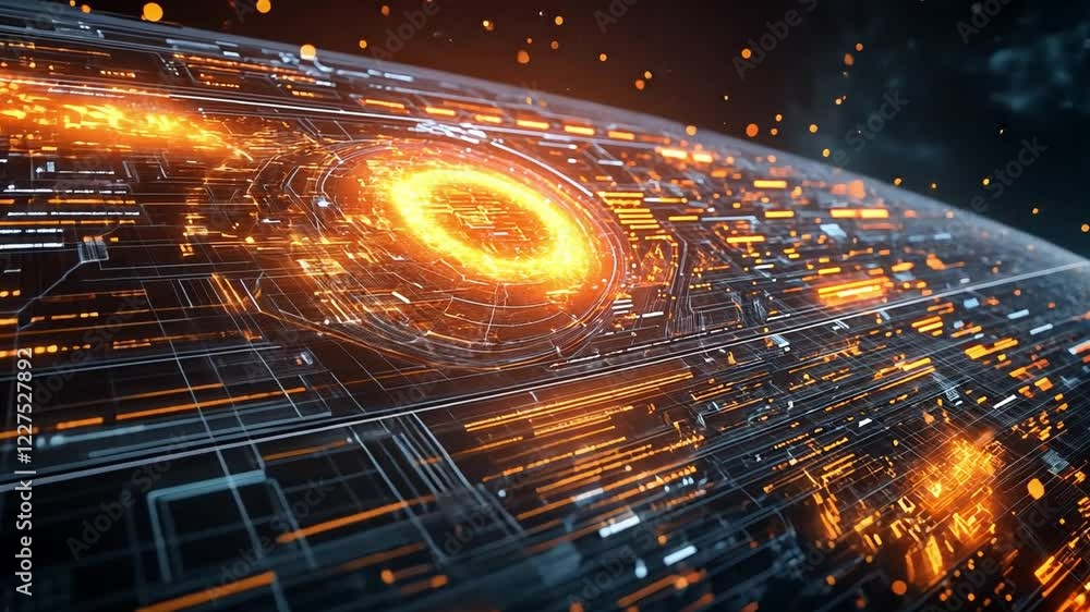 Poster futuristic digital landscape with glowing circuits and orbits displayed in a cosmic setting