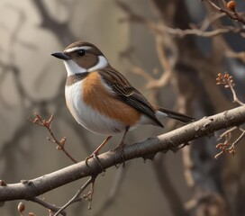 Small bird with brown back and white underside perched on a bare branch with a few twigs nearby , foliage, branch, ornithology