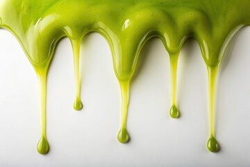 Naklejka premium Slow dripping olive green slime on a clean white surface creating a slimy texture, olive-green, artistic-expression, slimy-texture, slime-pat, geometric-pattern