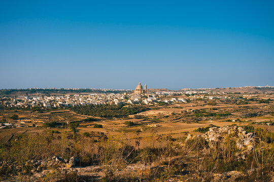 Aerial panoramic view of Cathedral on a sunny day, the old town of Gozo Island, Malta, Europe