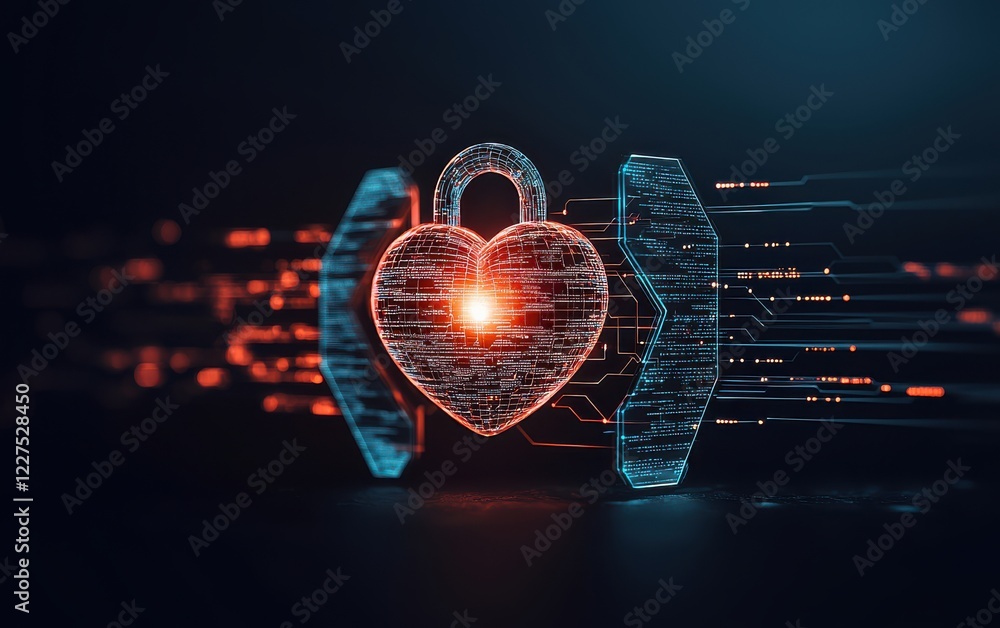 Poster cybersecurity heart concept. a digital heart lock symbolizing secure love and relationships, illumin