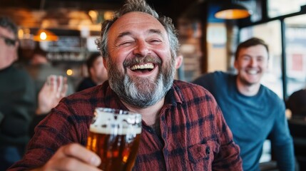 Joyful man laughing with friends in a rustic bar, holding beer glass Room for text Happy social gathering concept